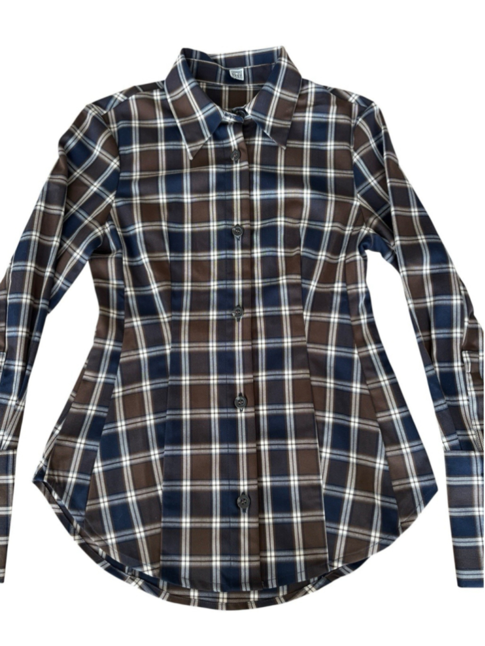 TOTEME Kimono Sleeve Poplin Shirt Tailored Plaid Brown Navy Check EU 42 NWOT - Picture 6 of 13